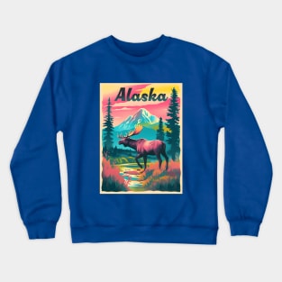 Alaska Moose Mountain Trees Retro Risograph Design Souvenir Crewneck Sweatshirt